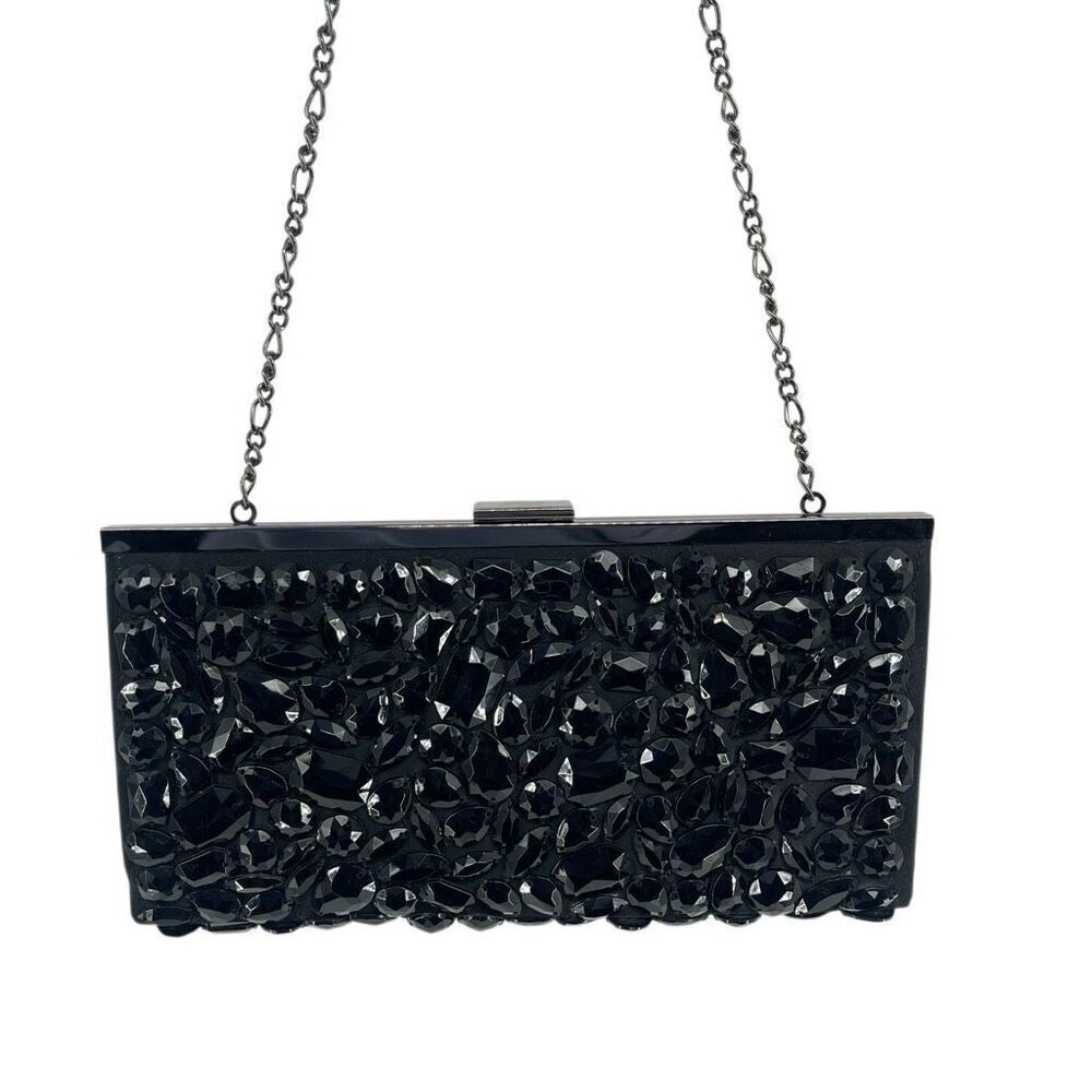 White House Black Market Black Faceted Beaded Evening Clutch Hard Case - Picture 11 of 11